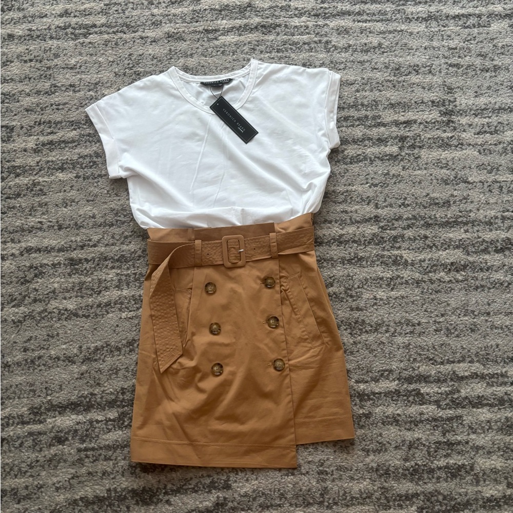 Veronica Beard White Tee and Tan Mini Skirt Set